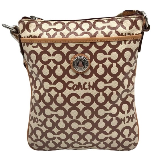 Coach Swing Bag Crossbody Signature Coated Canvas Leather Brown/Cream Patterned - Picture 1 of 16